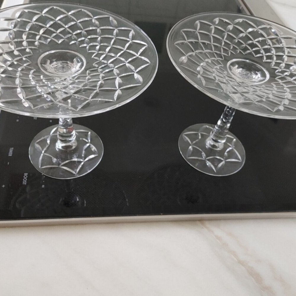 Antique Vintage Pair Crystal Glass Pedestal serving Stand 7 1/4”  6" tall 1940's